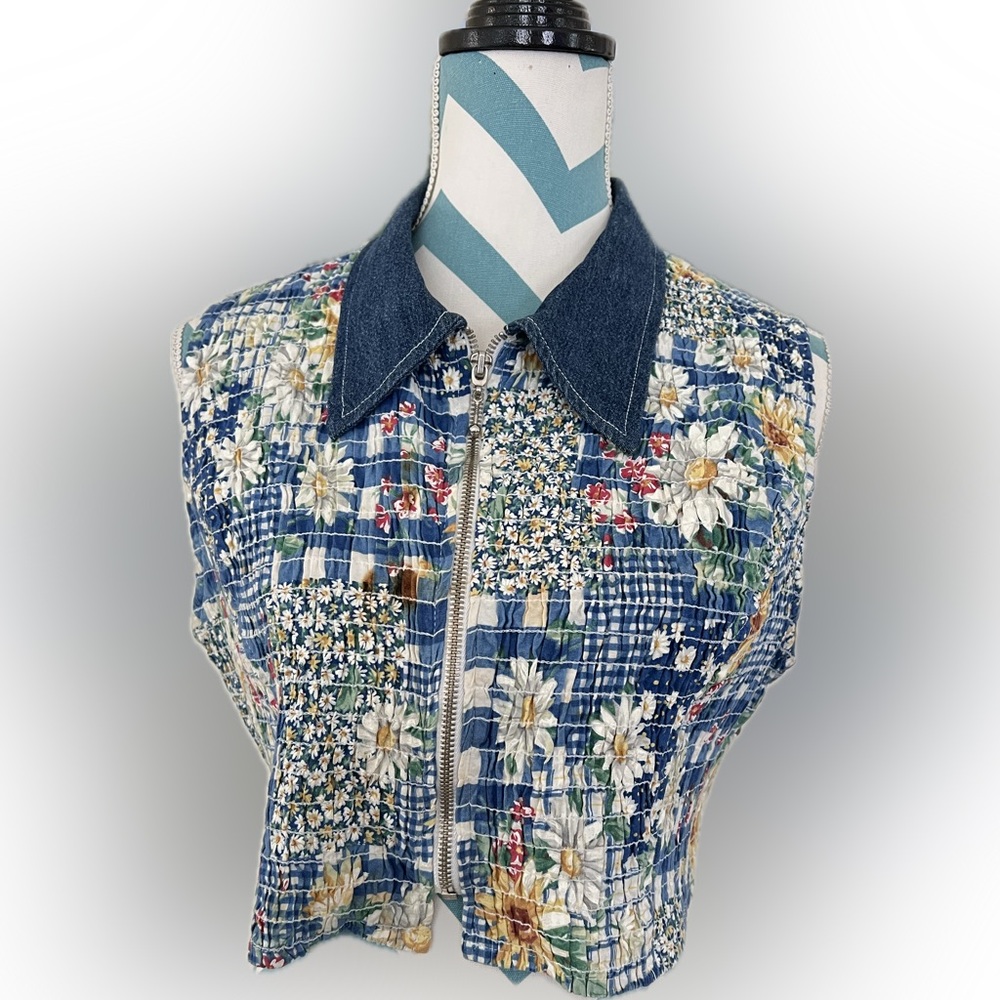 Smocked Flower Zipped Top Vintage Granite Brand size Small Denim Collar
